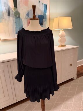 Ramy Brook Black Off-Shoulder Long Sleeve Pleated Mini Dress